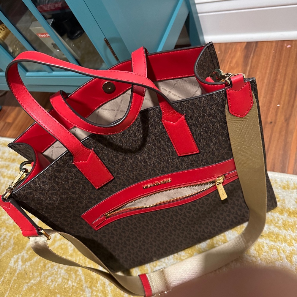 Michael Kors Large Rectangular Shoulder Bag with gold hardware Red, Brown, Tan